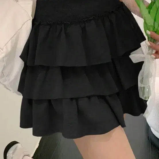 [BUNJANG] Black 3-Tier Ruffle Mini Skirt / (새상품) 블랙 3단 캉캉 프릴 미니스커트 밴딩 치마