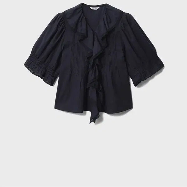 [BUNJANG] WIRARARA Cecilia Ruffle Blouse Navy / 위라라 세실리아 러플 블라우스 네이비 새제품