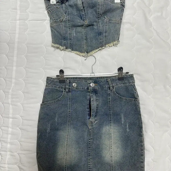 [BUNJANG] Spandex Denim Bustier & Skirt Set / 스판 데님 뷔스티에&스커트