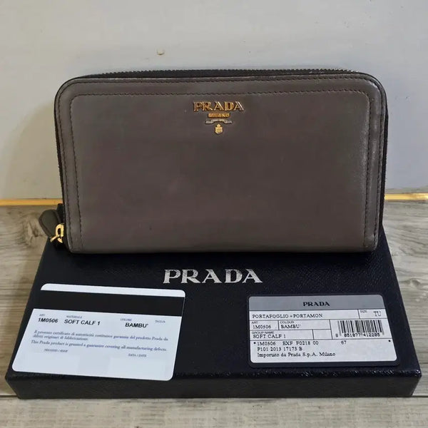 [BUNJANG] Prada Soft Calf Leather Zip Around Wallet Bamboo / (정품) 프라다 소프트 카프 지퍼 장지갑 밤부색 빈티지지갑
