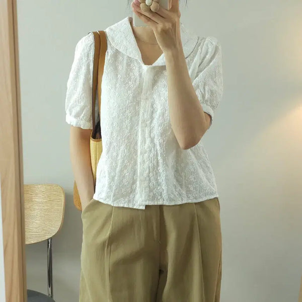 [BUNJANG] Again Us Women's Embroidered Collar Short Sleeve Blouse C8W4101 / (F)어게인어스 여성 반팔 블라우스 카라 자수 C8W4101