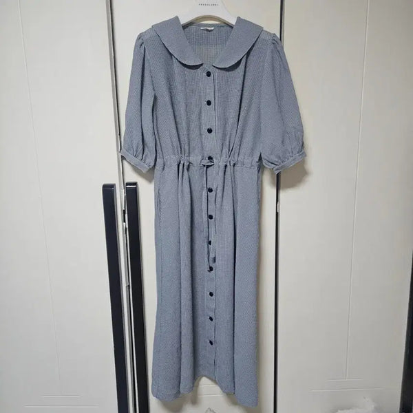 [BUNJANG] Women's Round Collar Gingham Check Long Dress with Waist String / 잔체크 둥근 카라 허리 스트링 원피스(시원한 원단)