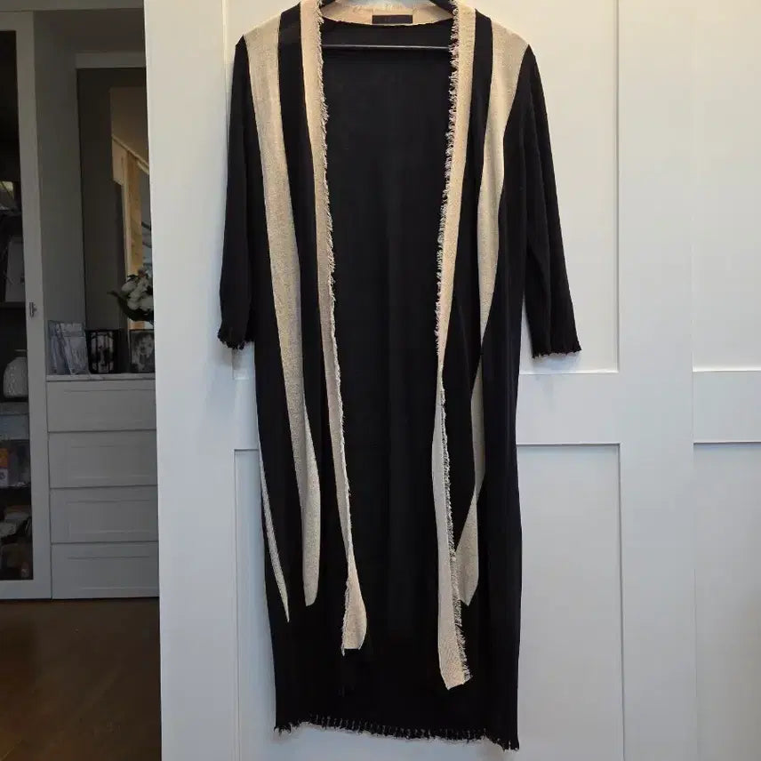 [BUNJANG] High-Quality Color-Blocked Linen Long Cardigan / 고퀄 배색린넨 롱가디건