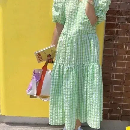 [BUNJANG] Plus Size Green Check Ggimi Fabric Long Dress / 체크 원피스 그린ㅡ빅사이즈   지지미원피스