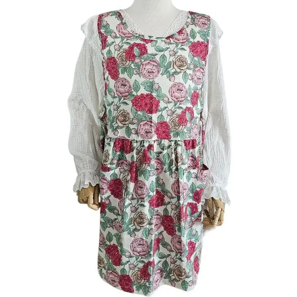 [BUNJANG] Korean-Made Flower Linen One-Piece Apron / 국산 플라워 린넨 원피스형 앞치마