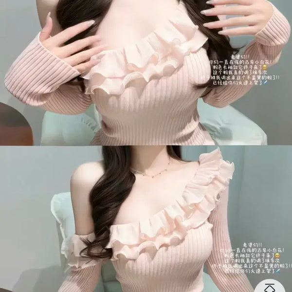 [BUNJANG] Frill Off-Shoulder Knit Pink / 프릴 오프숄더 니트 핑크 에이블리