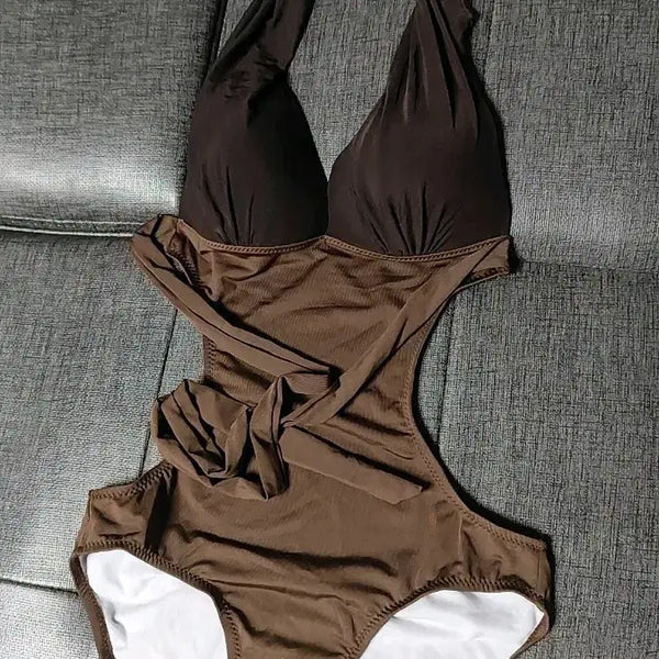 [BUNJANG] Brown Monokini Swimsuit with Gold Detail / 최종가격내림)모노키니 수영복 브라운 금장 디테일 원피스 수영복 새제품