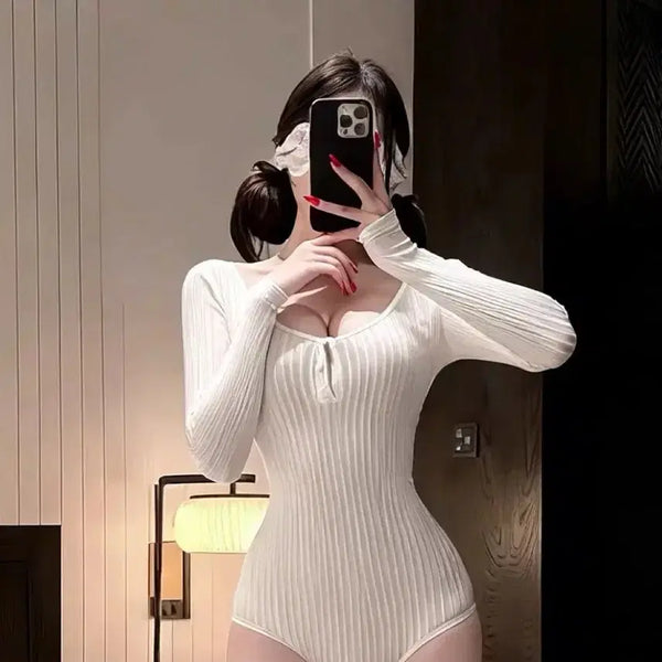 [BUNJANG] White Ribbed Bodysuit / 화이트 골지 바디수트