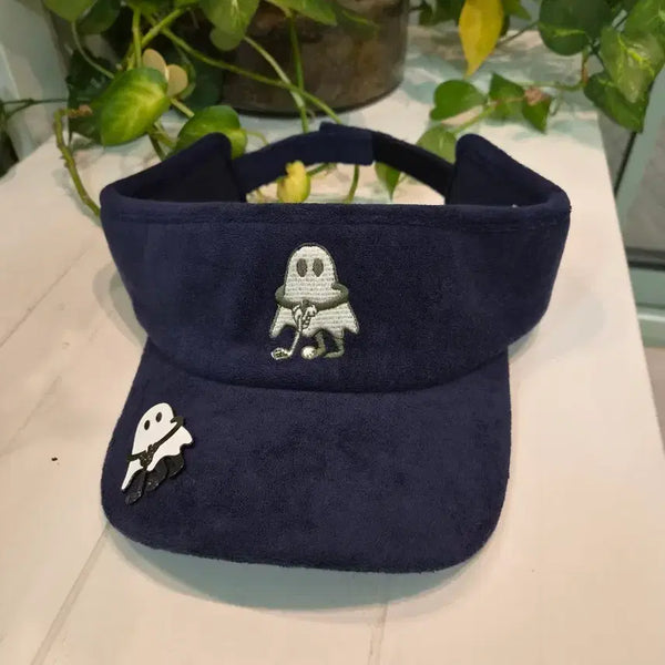 [BUNJANG] Suede Ghost Embroidery Golf Visor - Navy / 골프 모자 스웨이드 재질 귀여운 유령 자수 네이비