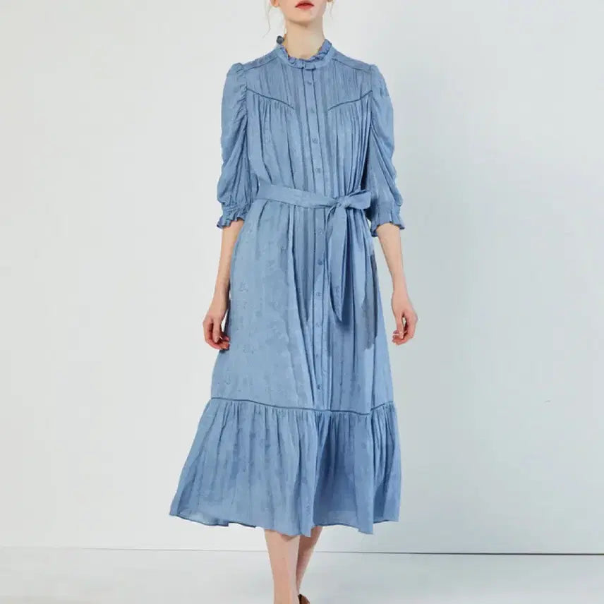 [BUNJANG] Vanessa Bruno Athe 100% Rayon Shirring Dress Light Blue / 바네사브루노 아떼 22년 인견100% 라이트블루 셔링 원피스 펀칭 아일렛
