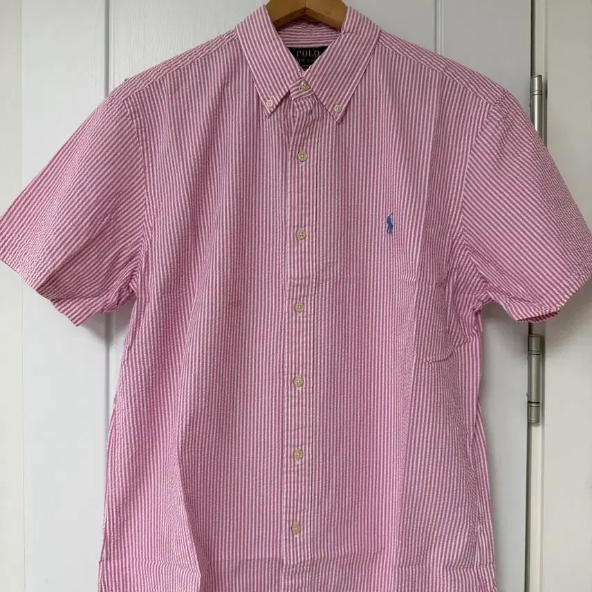 [BUNJANG] Polo Ralph Lauren Blue Pony Pink Stripe Seersucker Short Sleeve Shirt L / (정품) 폴로 랄프로렌 반팔 셔츠 블루포니 핑크 스트라이프 시어서커 L