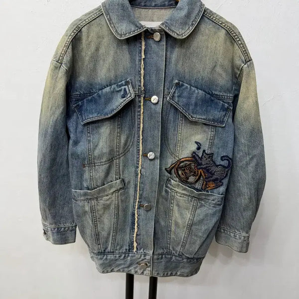 [BUNJANG] O2ND (O2 Second) Embroidered Denim Jacket - Size 0 (55) / 정품) O2ND 오즈세컨 한섬 자수 데님자켓 0(55)