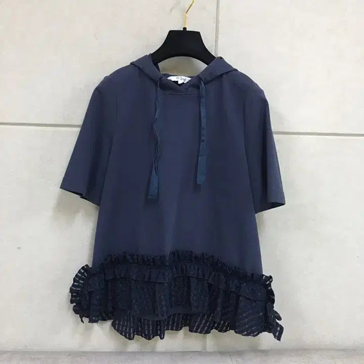[BUNJANG] Ozccense Navy Lace Frill Hoodie Short Sleeve T-Shirt / 한섬 오즈세컨 정품 네이비 밑단레이스 프릴 후드반팔티