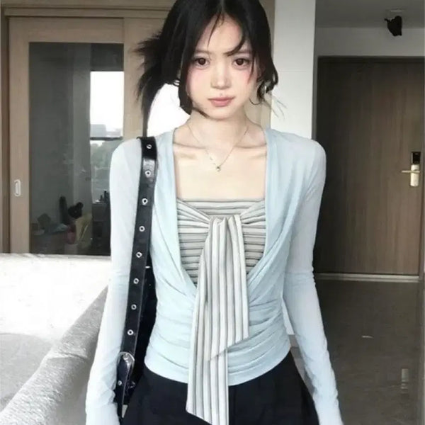 [BUNJANG] Stripe Top and Wrap T-Shirt Set / 스트라이프 탑 랩 티셔츠 세트