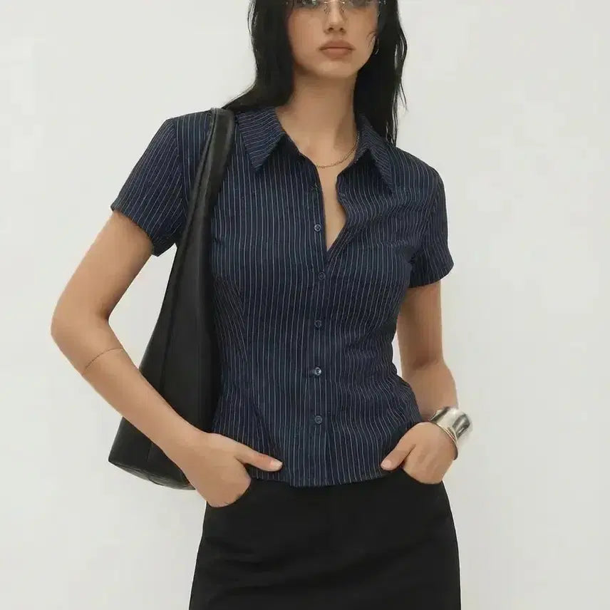 [BUNJANG] Shop Sider Stripe Short Sleeve Shirt / 샵사이다 COLLAR STRIPE SHORT SLEEVE SHIRT