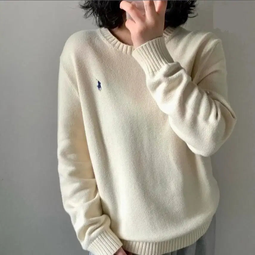 [BUNJANG] Polo Ralph Lauren Ivory Cotton Knit L (Navy Pony) / [S급] 폴로 랄프로렌 아이보리 코튼 니트 L (네이비 포니/남녀공용)