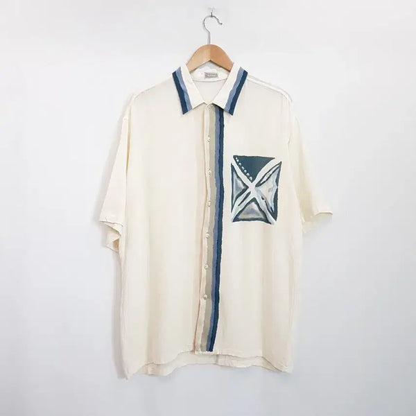 [BUNJANG] Vintage Japanese Linen Blend Short Sleeve Shirt Men's XL / JPN 빈티지 패턴 린넨 마 반팔 셔츠 남XL R174