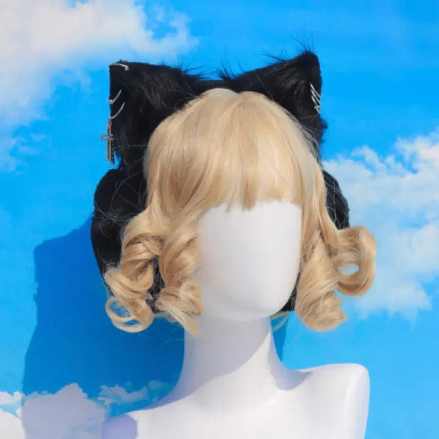 [BUNJANG] Cat Ear Faux Fur Earmuffs with Chain and Cross Charm - Black / 고양이 체인 퍼 귀마개 블랙