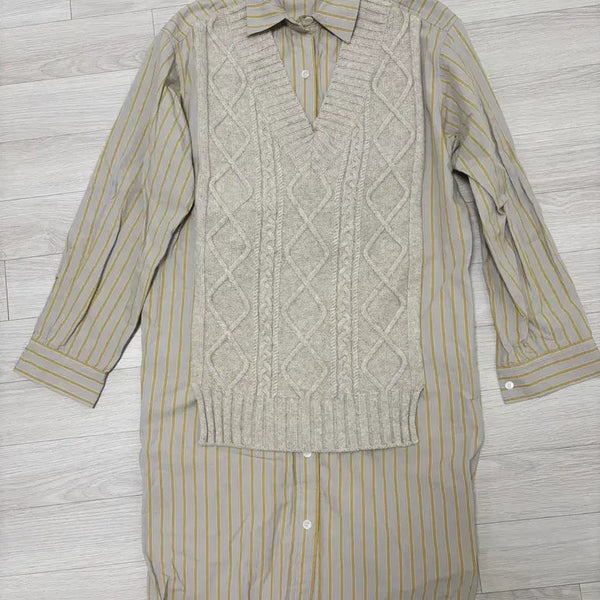 [BUNJANG] BEAKER Striped Shirt Knit Dress / 비이커 셔츠 니트원피스 (55-66)
