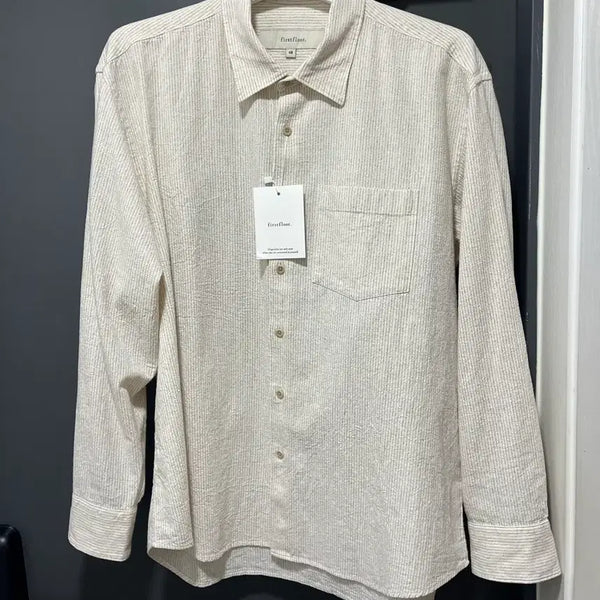 [BUNJANG] Firstfloor Linen Stripe Shirt Latte Beige / [새상품] 퍼스트플로어 린넨 스트라이프 셔츠 라떼베이지