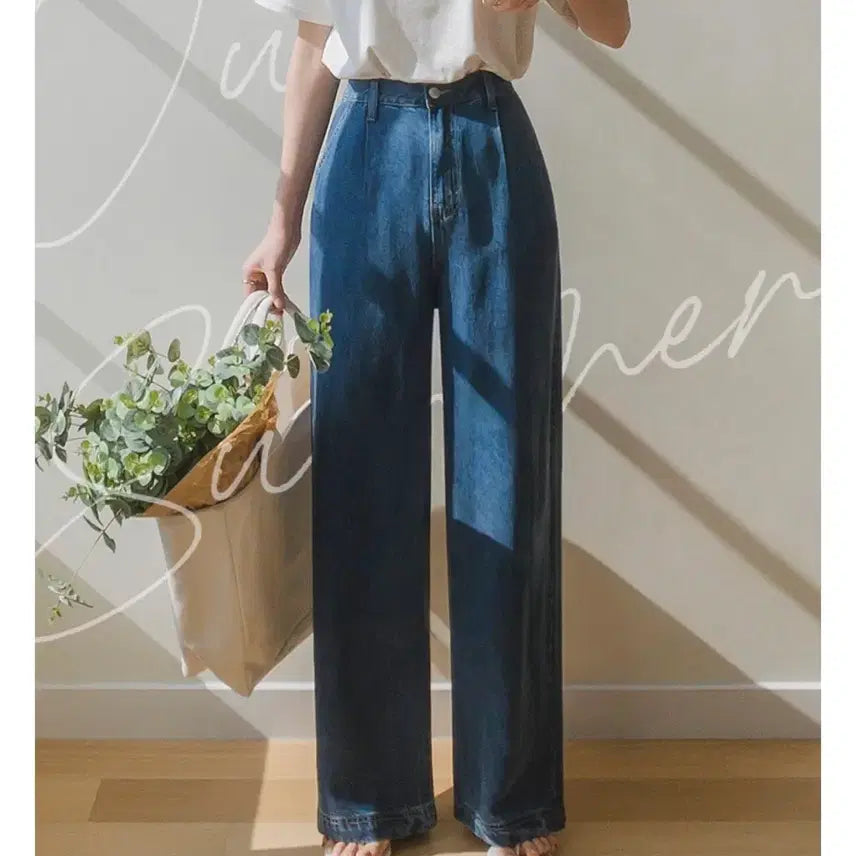 [BUNJANG] Women's Cool Air Tencel Wide Leg Jeans - Dark Blue (Size S, Long) / S) 여성 쿨에어 텐셀 뒷밴딩 와이드진 여름청바지
