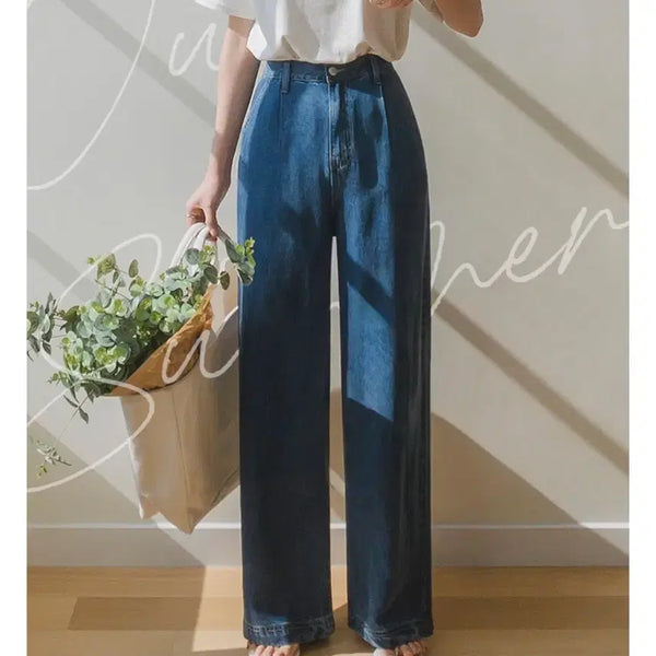 [BUNJANG] Women's Cool Air Tencel Wide Leg Jeans - Dark Blue (Size S, Long) / S) 여성 쿨에어 텐셀 뒷밴딩 와이드진 여름청바지