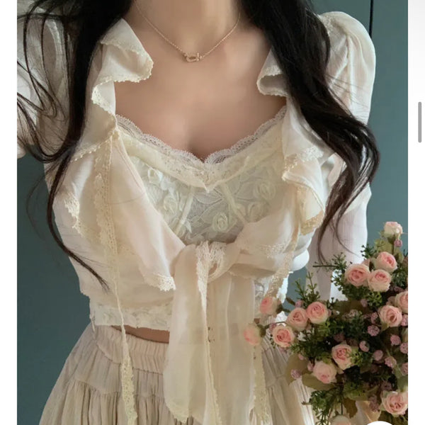 [BUNJANG] Janne Flower Sleeveless Frill Cardigan Set Cream / 잔느 플라워 나시 프릴 가디건 세트 크림 (교신X)