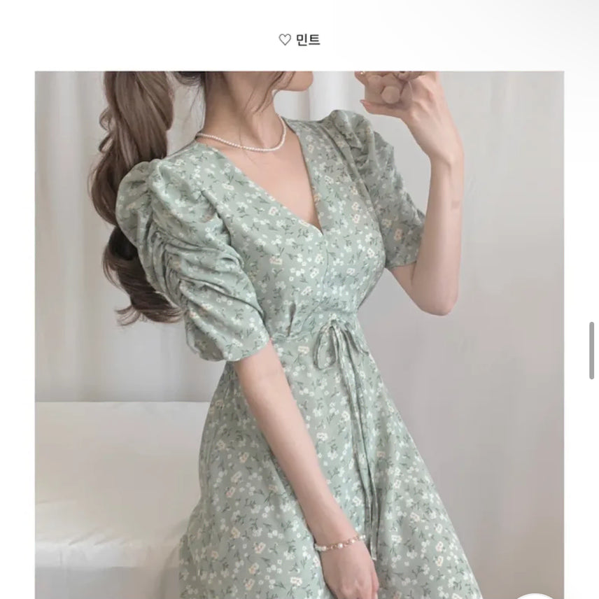 [BUNJANG] Green Floral Shirring Long Dress / 제주 그린 잔꽃 퍼프 셔링 롱 원피스 (교신X)