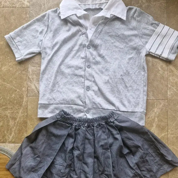 [BUNJANG] Integrated Gray Shirt Knit + Pleated Skirt Set / 일체형 그레이 셔츠 니트 + 플리츠 그레이 치마바지 스커트 상하복 세트