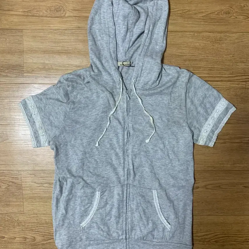 [BUNJANG] Vintage Mori Girl Grey Lace Hooded Short Sleeve Zip-Up Hoodie / 빈티지 모리걸 그레이 레이스 후드반팔티집업 후디