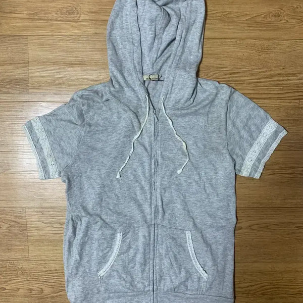 [BUNJANG] Vintage Mori Girl Grey Lace Hooded Short Sleeve Zip-Up Hoodie / 빈티지 모리걸 그레이 레이스 후드반팔티집업 후디