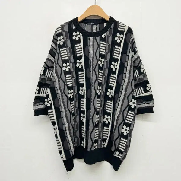 [BUNJANG] HARE Flower Cable Knit Short Sleeve Cotton Sweater / 하레 꽃무늬 케이블 반팔 코튼 니트