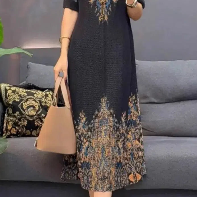 [BUNJANG] Pleated Floral Pattern Short Sleeve Dress - Black / 플리츠  플로럴 패턴 반팔 원피스   블랙.
