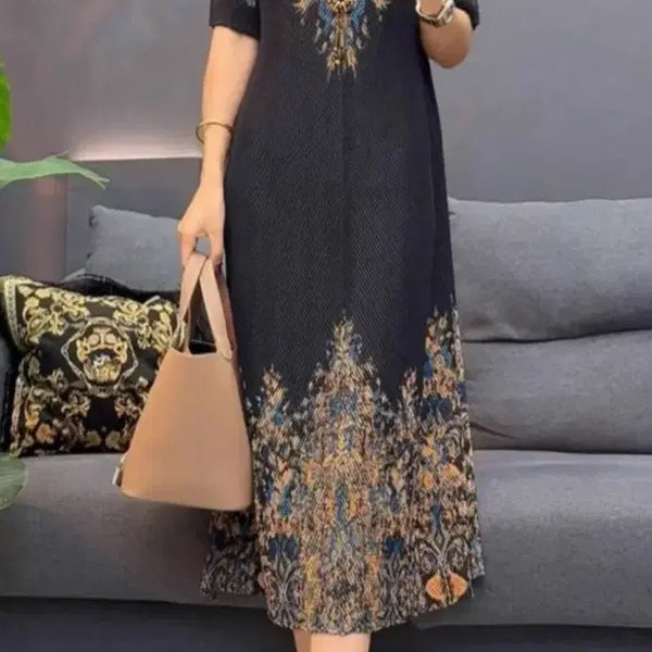 [BUNJANG] Pleated Floral Pattern Short Sleeve Dress - Black / 플리츠  플로럴 패턴 반팔 원피스   블랙.