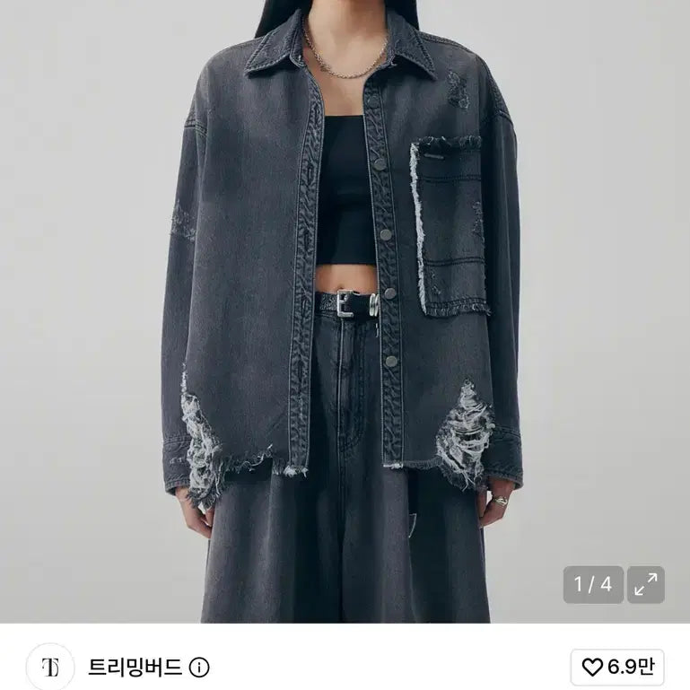 [BUNJANG] Trimingbird Distressed Square Denim Setup Jacket Grey / 트리밍버드 디스트레스드 스퀘어 데님 셋업 자켓 그레이