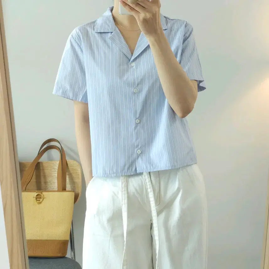 [BUNJANG] (F)hope Seoul Women's Striped Short Sleeve Shirt / (F)hope seoul 여성 반팔 셔츠 스트라이프 E3W4307