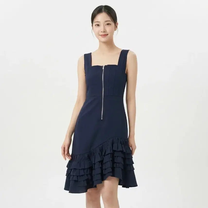 [BUNJANG] Lucky Chouette Navy Frill Shirring Dress Size 36 / 럭키슈에뜨 네이비 프릴 셔링 원피스 36