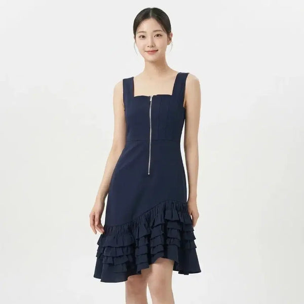 [BUNJANG] Lucky Chouette Navy Frill Shirring Dress Size 36 / 럭키슈에뜨 네이비 프릴 셔링 원피스 36