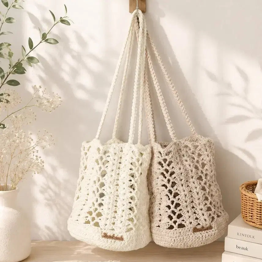 [BUNJANG] Handmade Linen Knit Shoulder Bag / 핸드메이드 린넨 뜨개 가방 숄더백(화이트/연베이지)