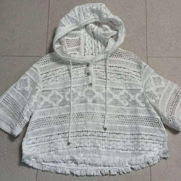 [BUNJANG] MINE White Knit Hood Cardigan / 한섬 마인 MINE 화이트 니트 후드티