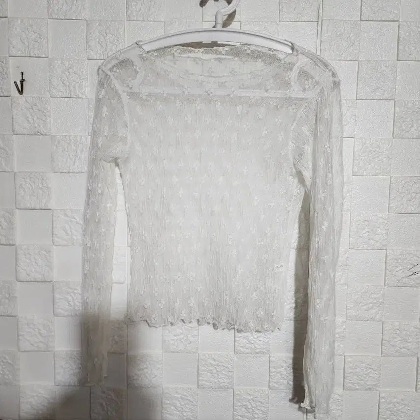 [BUNJANG] White Lace Mesh Long Sleeve Blouse / 화이트 레이스 망사 긴팔 블라우스