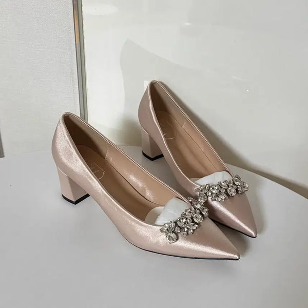 [BUNJANG] Women's 6cm Platform Pumps Satin Cubic Embellished Heels / @새상품 250사이즈 6cm 연핑크 새틴 큐빅 장식 펌프스 통굽 구두