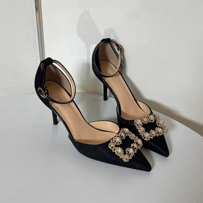 [BUNJANG] Black Pearl Cubic Stiletto Strap Heels - 8cm Heel, Size 245 / @새상품 245사이즈 8cm 블랙 진주 큐빅 스틸레토 스트랩 힐 구두