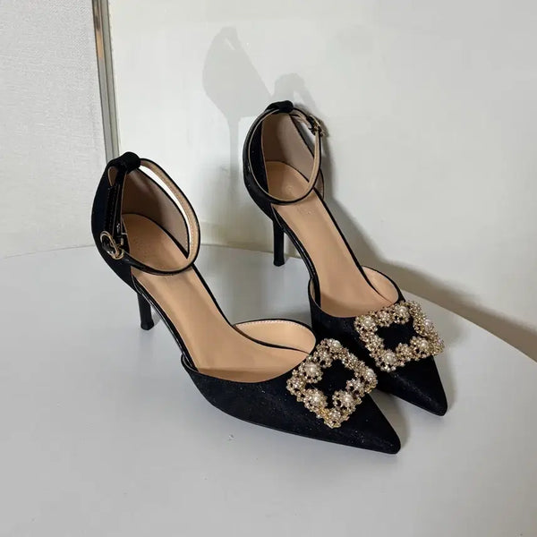 [BUNJANG] Black Pearl Cubic Stiletto Strap Heels - 8cm Heel, Size 245 / @새상품 245사이즈 8cm 블랙 진주 큐빅 스틸레토 스트랩 힐 구두