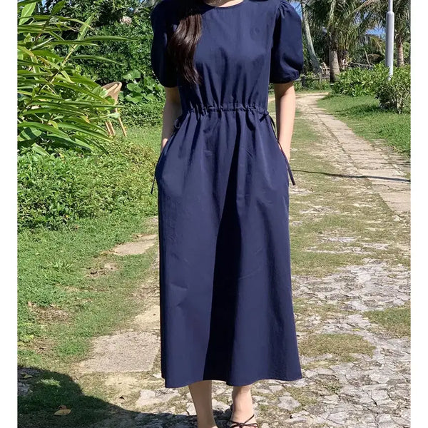 [BUNJANG] Coco Blanc Puff Sleeve Midi Dress Navy Cotton Blend / 코코블랑 퍼프원피스 네이비