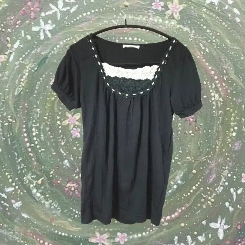 [BUNJANG] Vintage Black Lace Shirring Puff Blouse - Coquette Mori Girl / 빈티지 블랙 레이스 셔링 퍼프 블라우스 코케트 모리걸 하구미 사와코