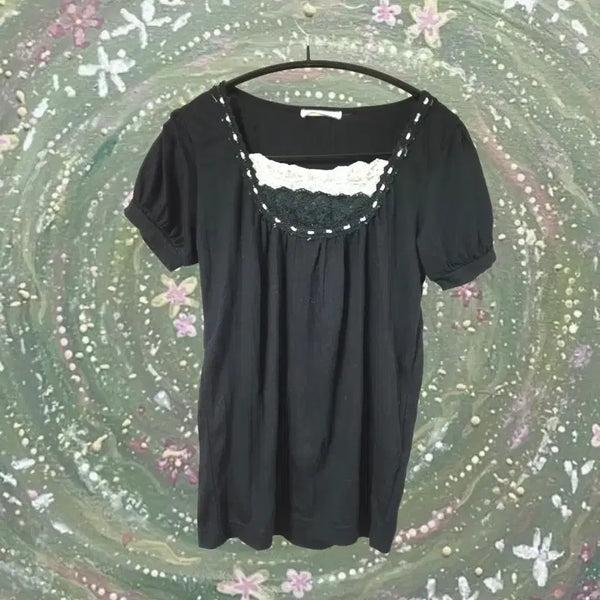 [BUNJANG] Vintage Black Lace Shirring Puff Blouse - Coquette Mori Girl / 빈티지 블랙 레이스 셔링 퍼프 블라우스 코케트 모리걸 하구미 사와코