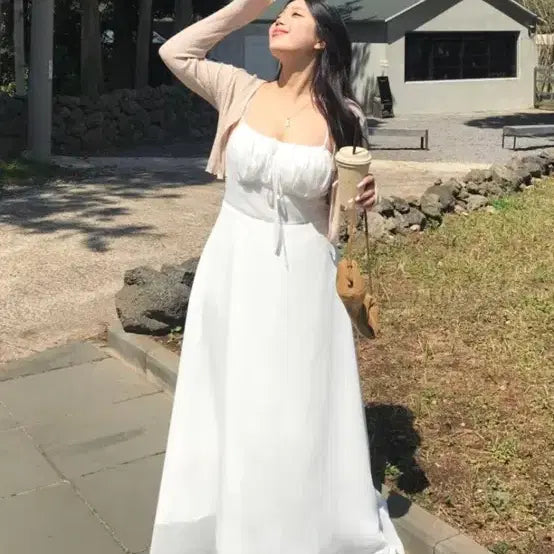 [BUNJANG] DAISY TWELVE Hush Shirring Ribbon Smock Long Dress / 데이지투엘 허쉬 셔링 리본 스모크 롱 원피스