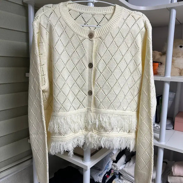 [BUNJANG] Cream Knit Cardigan with Tassel Detail / (새제품) 크림색 니트 가디건 술 장식