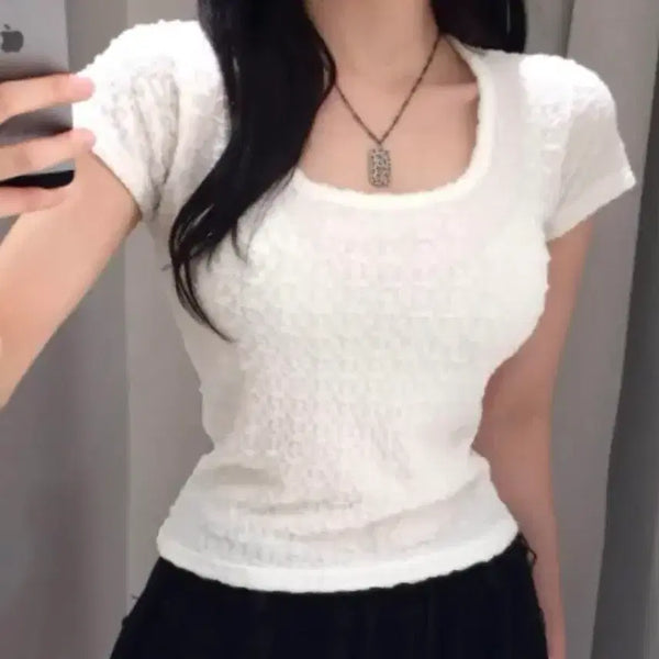 [BUNJANG] Punch Square Neck Crop T-Shirt / [쿨링핏감/여리슬림핏]펀칭 스퀘어넥 크롭 반팔 티 교신